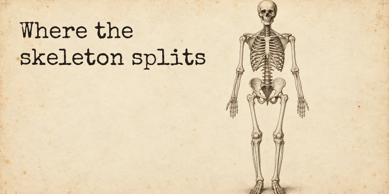 A full engraved skeleton on aged paper, standing front on from skull to feet with the rib cage, spine, pelvis and limbs all drawn in the same ink, beside the words: where the skeleton splits