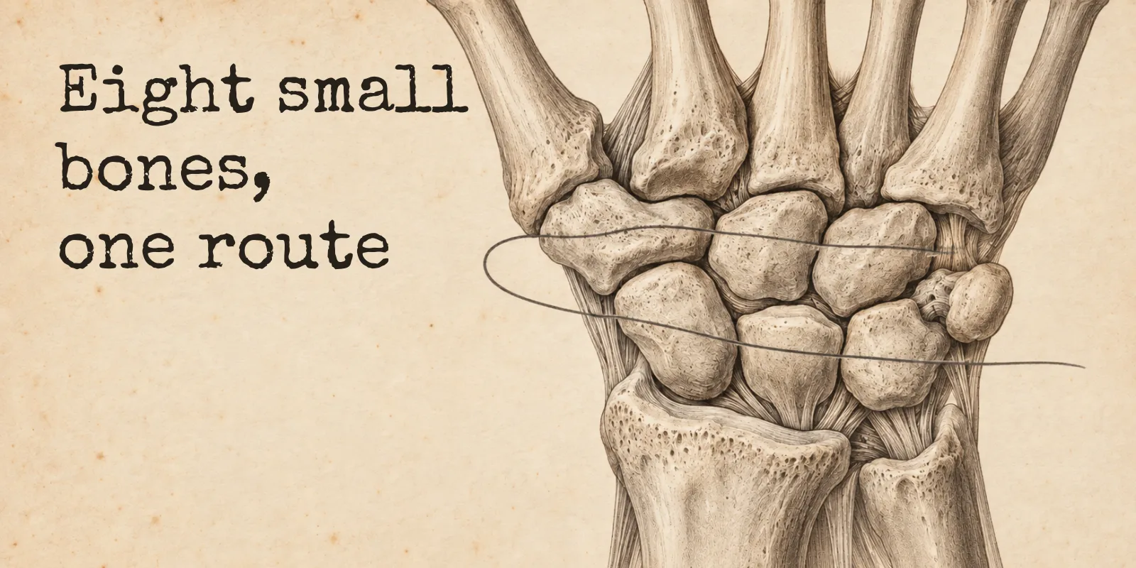 An engraved wrist on aged paper, the eight carpal bones drawn in their two rows between the forearm and the long bones of the hand, with a single thin line looping around both rows, beside the words: Eight small bones, one route