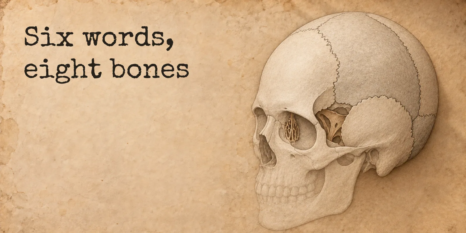 An engraved skull on aged paper, turned three quarters away, its sutures marking off the frontal, parietal, temporal and occipital bones, with the sieve-like ethmoid and the wing of the sphenoid showing darker through the eye socket, beside the words: six words, eight bones