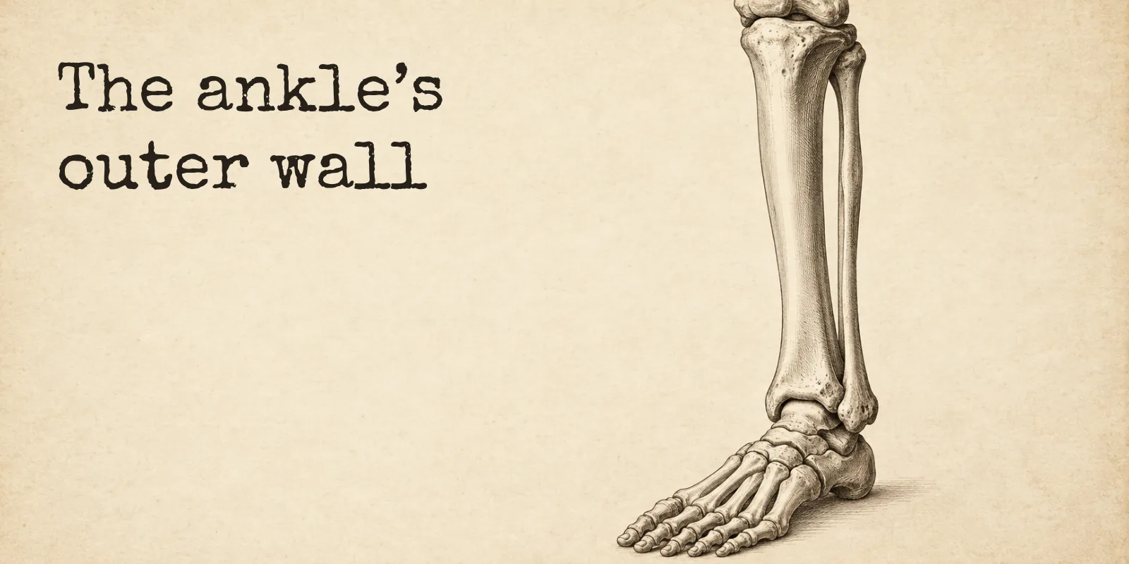 An engraved lower leg and foot on aged paper, the slim fibula running down the outside of the tibia and ending lower than it as the bump of the outer ankle, beside the words: the ankle's outer wall