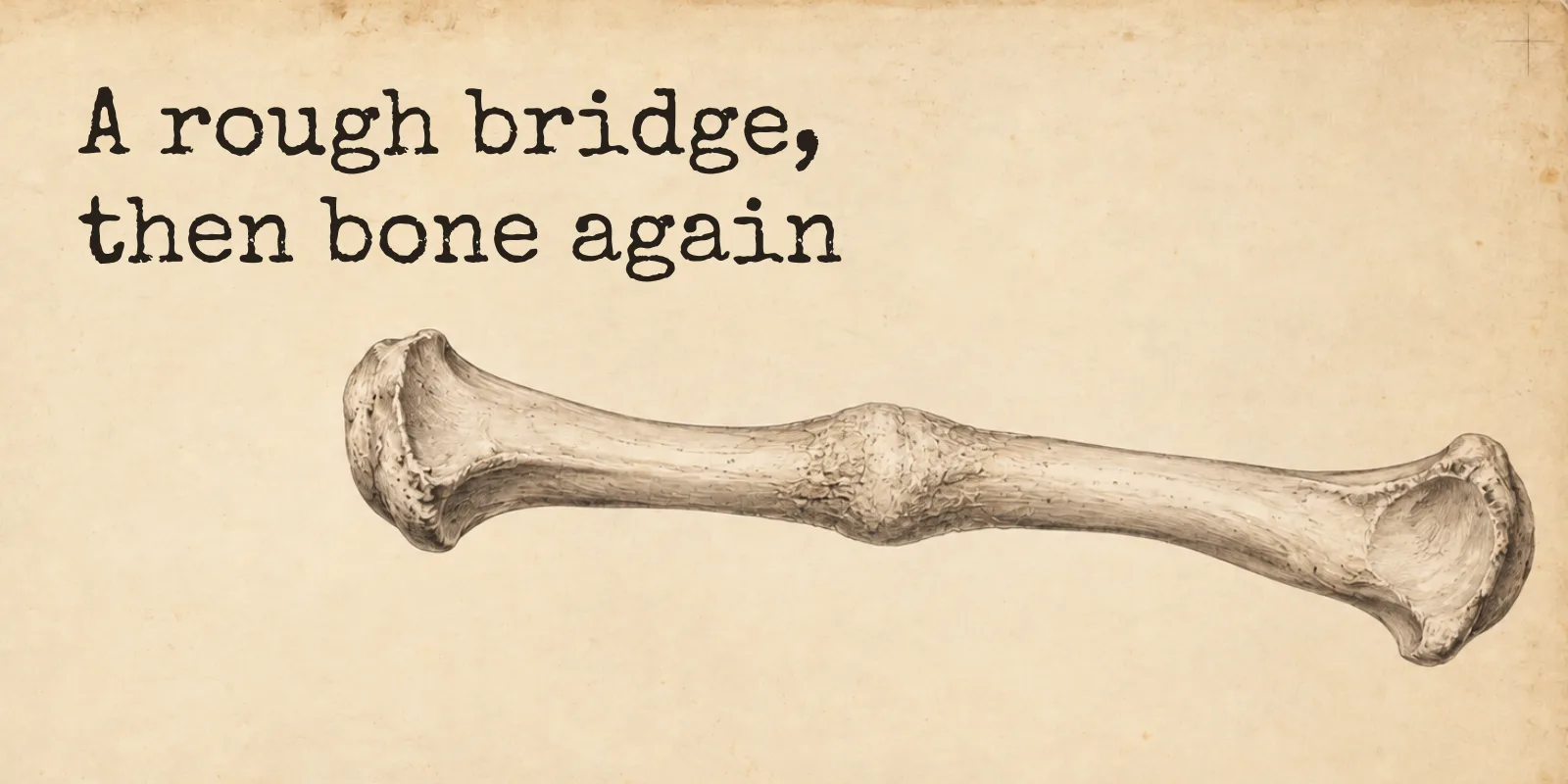 An engraved collarbone on aged paper, a thickened cuff of callus swelling around a healed break in its shaft, beside the words: a rough bridge, then bone again