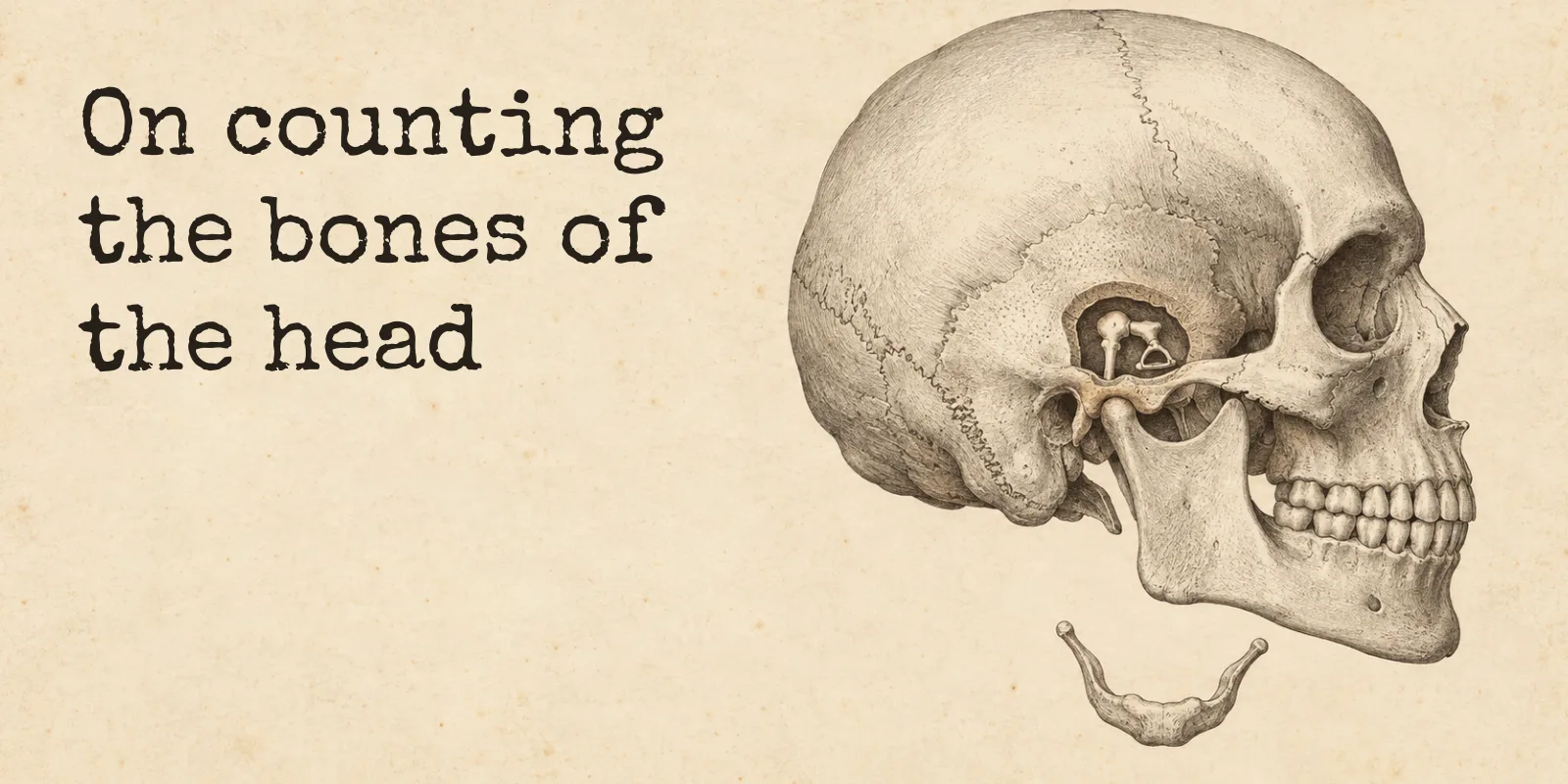 An engraved side view of a skull with the temporal bone opened to show the three tiny ear bones inside it, the hyoid drawn on its own below the jaw, and the words On counting the bones of the head