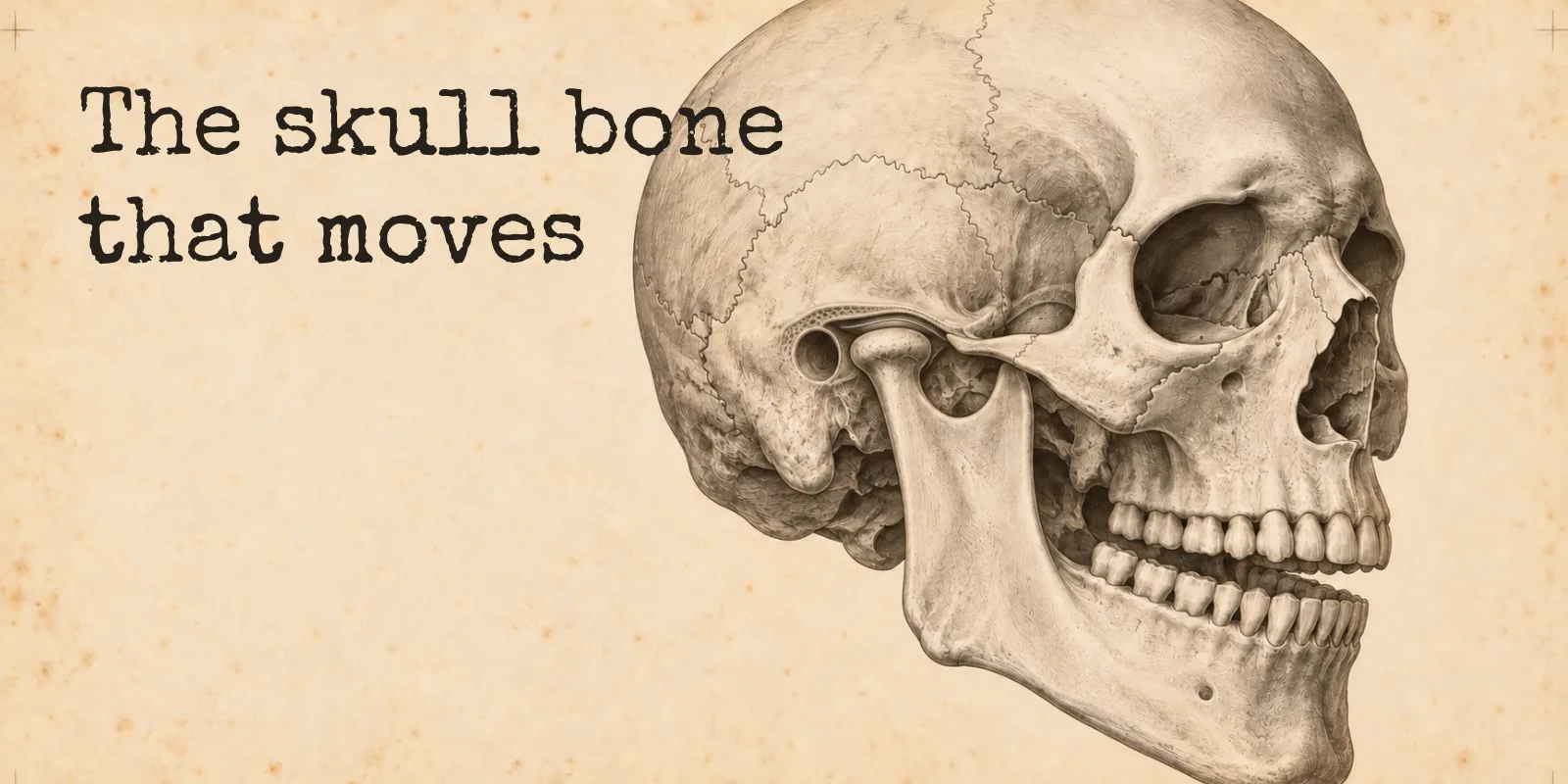 An engraved skull on aged paper, turned three quarters to the right with the jaw dropped slightly open, the rounded condyle of the mandible seated just in front of the ear opening, beside the words: the skull bone that moves