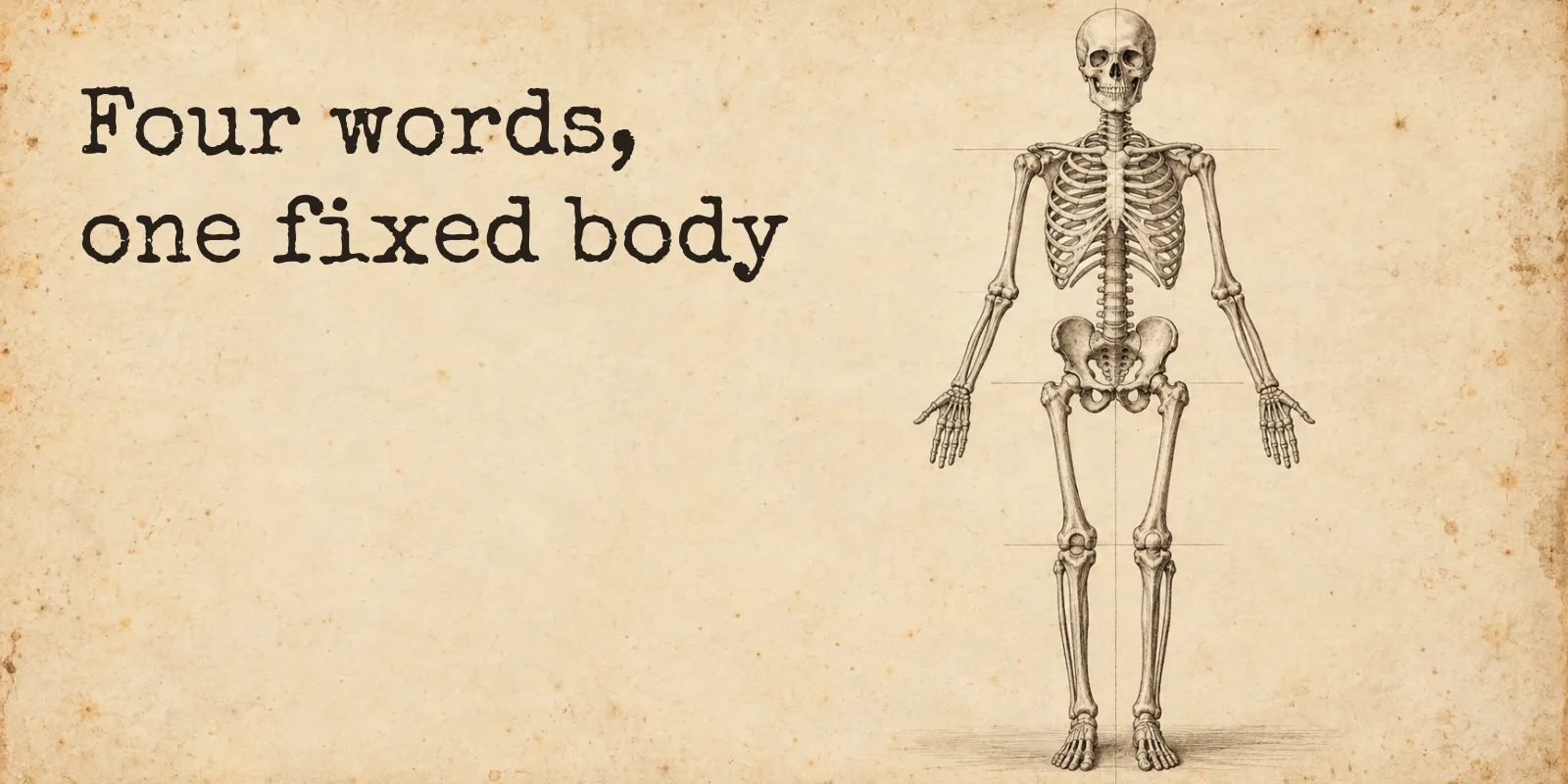A full engraved skeleton on aged paper, standing front on with the arms held a little out from the sides and the palms turned forward, a faint line running down its middle and level lines across it at the shoulders, hips and knees, beside the words: four words, one fixed body