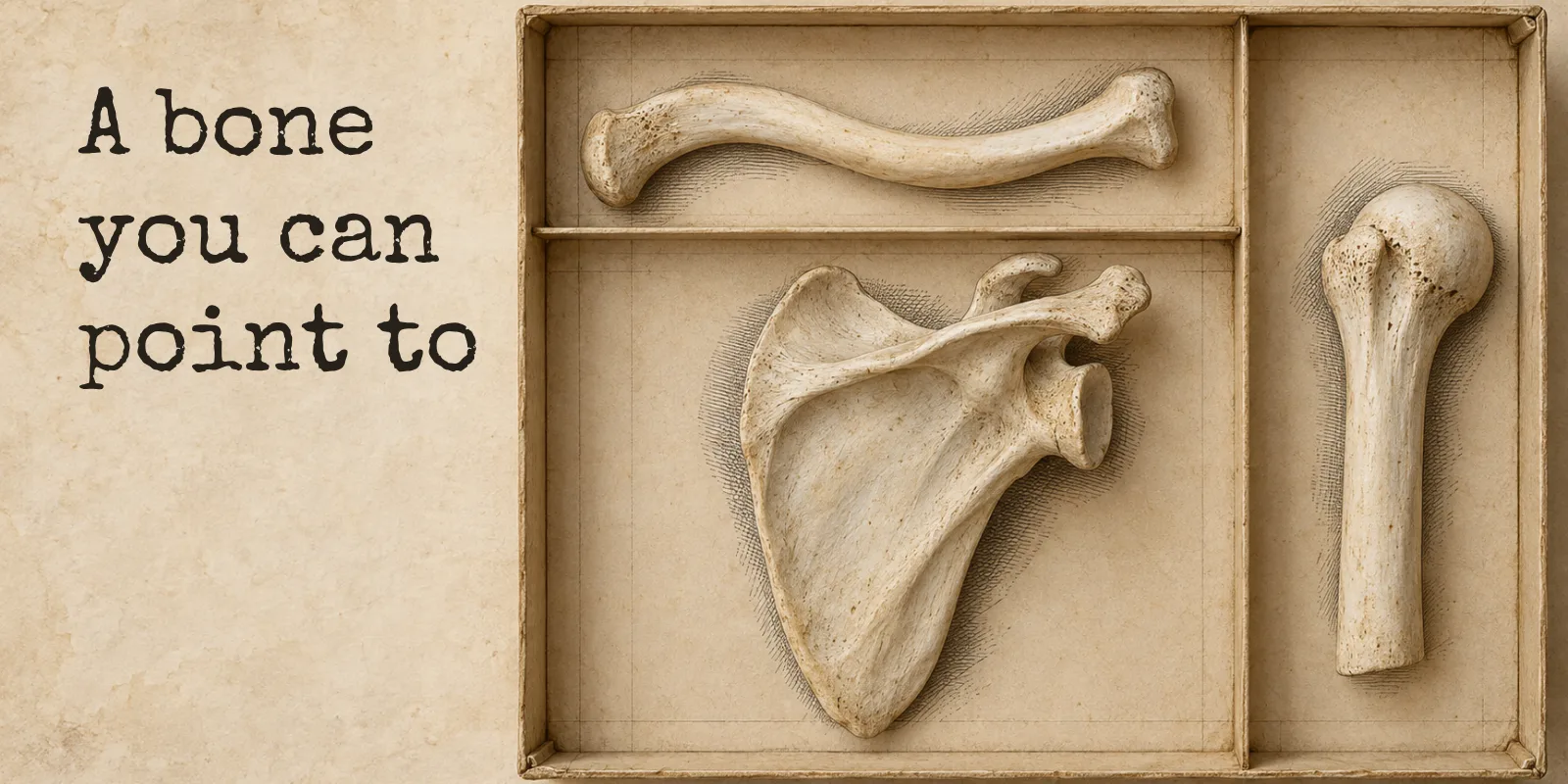 Three unlabeled bones of the shoulder in a compartmented specimen tray, a clavicle above a scapula with a humerus beside them, next to the words: a bone you can point to