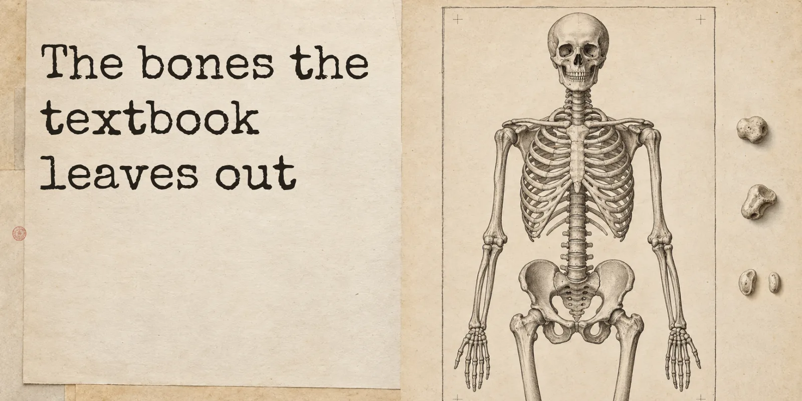 A worn paper desk holding a typed note that reads The bones the textbook leaves out, beside an engraved plate of a skeleton seen from the front, with four small loose bones laid out in a column down the right edge of the plate