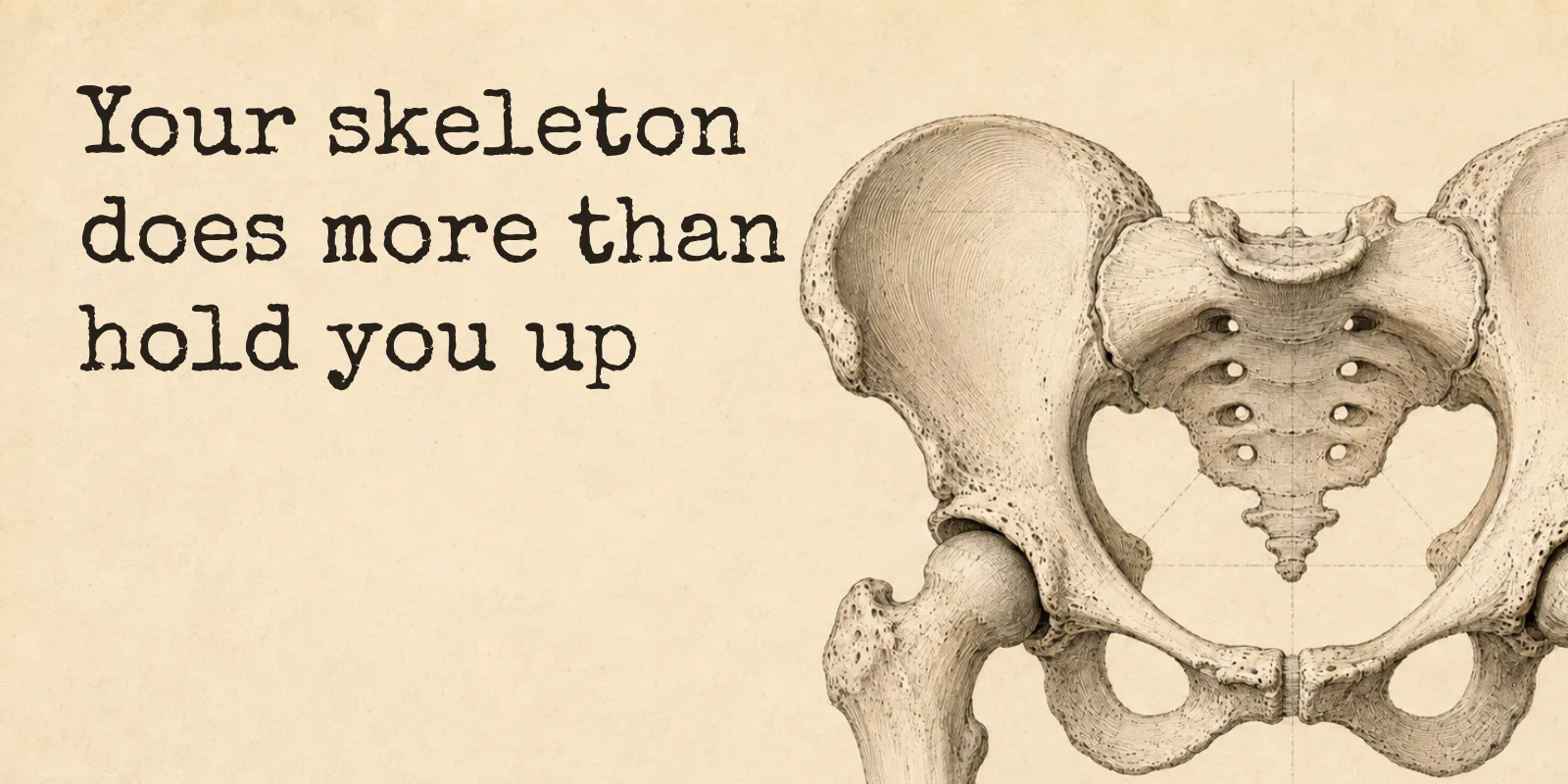 An engraved pelvis and the top of one femur on aged paper, beside the words: your skeleton does more than hold you up