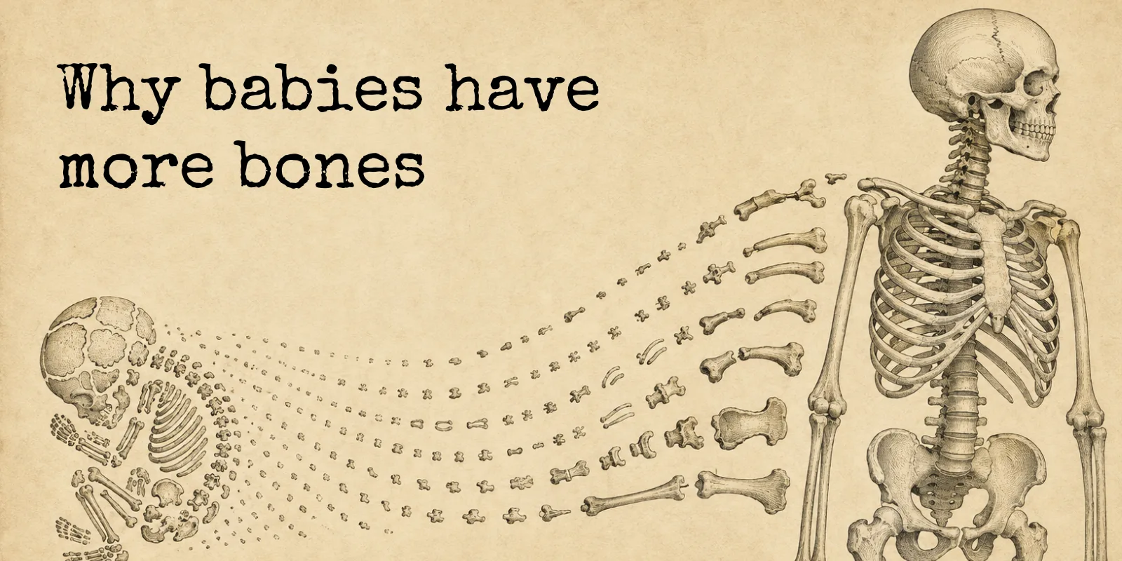 An engraved newborn skeleton on the left, its many small bones streaming across the page and gathering into an adult skeleton on the right
