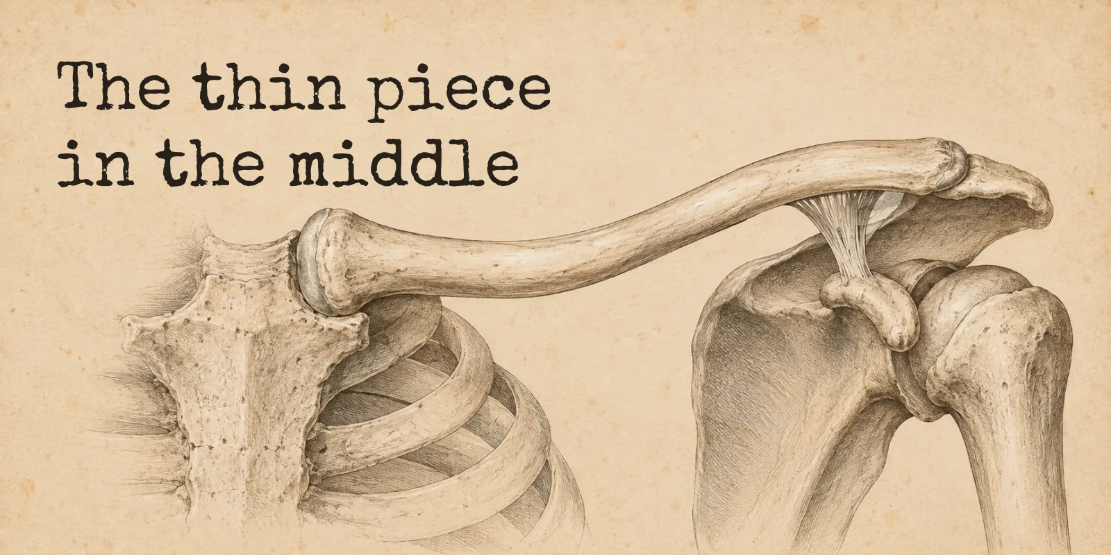 An engraved collarbone on aged paper, curving from the breastbone and ribs on the left to the shoulder blade and upper arm on the right, its slender unsupported middle the thinnest part of the span, beside the words: the thin piece in the middle